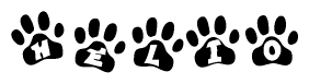 The image shows a series of animal paw prints arranged in a horizontal line. Each paw print contains a letter, and together they spell out the word Helio.