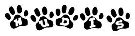 The image shows a series of animal paw prints arranged horizontally. Within each paw print, there's a letter; together they spell Hudis