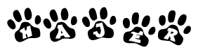 The image shows a series of animal paw prints arranged in a horizontal line. Each paw print contains a letter, and together they spell out the word Hajer.