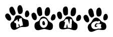 The image shows a row of animal paw prints, each containing a letter. The letters spell out the word Hong within the paw prints.