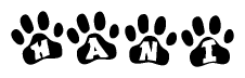 The image shows a series of animal paw prints arranged in a horizontal line. Each paw print contains a letter, and together they spell out the word Hani.