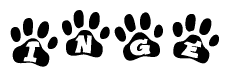 The image shows a row of animal paw prints, each containing a letter. The letters spell out the word Inge within the paw prints.