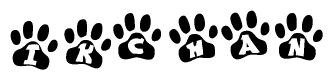 The image shows a series of animal paw prints arranged in a horizontal line. Each paw print contains a letter, and together they spell out the word Ikchan.