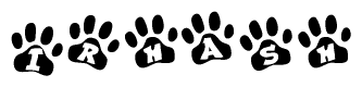 The image shows a series of animal paw prints arranged in a horizontal line. Each paw print contains a letter, and together they spell out the word Irhash.