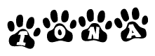The image shows a row of animal paw prints, each containing a letter. The letters spell out the word Iona within the paw prints.