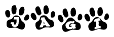 The image shows a row of animal paw prints, each containing a letter. The letters spell out the word Jagi within the paw prints.