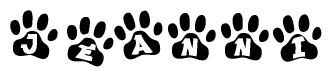 The image shows a row of animal paw prints, each containing a letter. The letters spell out the word Jeanni within the paw prints.