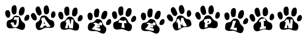 The image shows a series of animal paw prints arranged in a horizontal line. Each paw print contains a letter, and together they spell out the word Janetemplin.