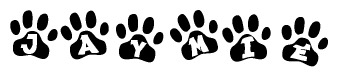 The image shows a row of animal paw prints, each containing a letter. The letters spell out the word Jaymie within the paw prints.