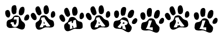 The image shows a series of animal paw prints arranged horizontally. Within each paw print, there's a letter; together they spell Jaharlal