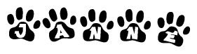 The image shows a series of animal paw prints arranged in a horizontal line. Each paw print contains a letter, and together they spell out the word Janne.