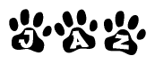 The image shows a row of animal paw prints, each containing a letter. The letters spell out the word Jaz within the paw prints.