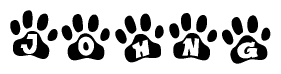 The image shows a row of animal paw prints, each containing a letter. The letters spell out the word Johng within the paw prints.