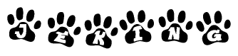 The image shows a series of animal paw prints arranged in a horizontal line. Each paw print contains a letter, and together they spell out the word Jeking.