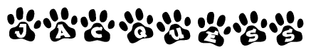 The image shows a series of animal paw prints arranged horizontally. Within each paw print, there's a letter; together they spell Jacquess