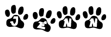 The image shows a series of animal paw prints arranged in a horizontal line. Each paw print contains a letter, and together they spell out the word Jenn.