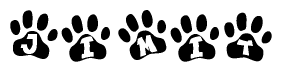 The image shows a series of animal paw prints arranged in a horizontal line. Each paw print contains a letter, and together they spell out the word Jimit.