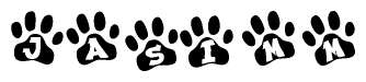 The image shows a row of animal paw prints, each containing a letter. The letters spell out the word Jasimm within the paw prints.
