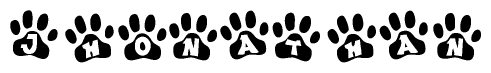 The image shows a series of animal paw prints arranged horizontally. Within each paw print, there's a letter; together they spell Jhonathan