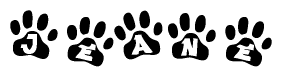 The image shows a row of animal paw prints, each containing a letter. The letters spell out the word Jeane within the paw prints.