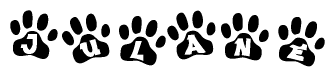 The image shows a series of animal paw prints arranged in a horizontal line. Each paw print contains a letter, and together they spell out the word Julane.