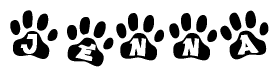 The image shows a series of animal paw prints arranged in a horizontal line. Each paw print contains a letter, and together they spell out the word Jenna.