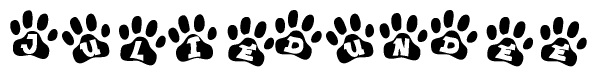 The image shows a series of animal paw prints arranged in a horizontal line. Each paw print contains a letter, and together they spell out the word Juliedundee.