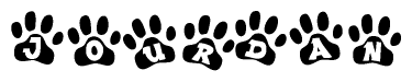 The image shows a row of animal paw prints, each containing a letter. The letters spell out the word Jourdan within the paw prints.