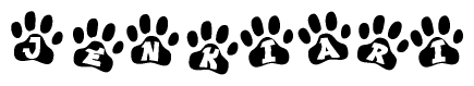 The image shows a row of animal paw prints, each containing a letter. The letters spell out the word Jenkiari within the paw prints.