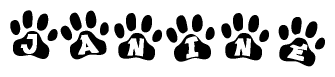 The image shows a series of animal paw prints arranged horizontally. Within each paw print, there's a letter; together they spell Janine