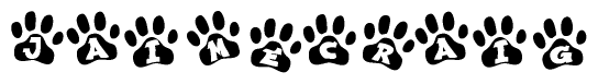 The image shows a series of animal paw prints arranged in a horizontal line. Each paw print contains a letter, and together they spell out the word Jaimecraig.