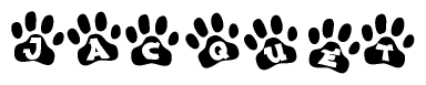 The image shows a series of animal paw prints arranged in a horizontal line. Each paw print contains a letter, and together they spell out the word Jacquet.