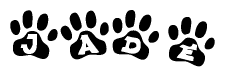 The image shows a row of animal paw prints, each containing a letter. The letters spell out the word Jade within the paw prints.