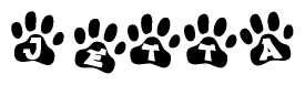The image shows a row of animal paw prints, each containing a letter. The letters spell out the word Jetta within the paw prints.