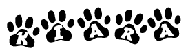 The image shows a series of animal paw prints arranged horizontally. Within each paw print, there's a letter; together they spell Kiara