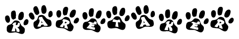 The image shows a series of animal paw prints arranged horizontally. Within each paw print, there's a letter; together they spell Karetaker