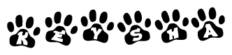 The image shows a series of animal paw prints arranged horizontally. Within each paw print, there's a letter; together they spell Keysha
