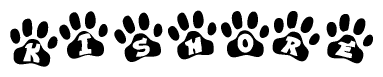 The image shows a series of animal paw prints arranged in a horizontal line. Each paw print contains a letter, and together they spell out the word Kishore.