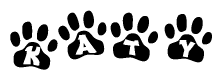 The image shows a series of animal paw prints arranged in a horizontal line. Each paw print contains a letter, and together they spell out the word Katy.