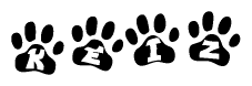 The image shows a row of animal paw prints, each containing a letter. The letters spell out the word Keiz within the paw prints.