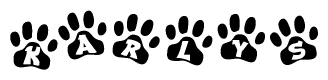 The image shows a row of animal paw prints, each containing a letter. The letters spell out the word Karlys within the paw prints.