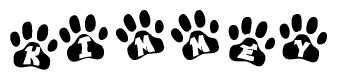 The image shows a row of animal paw prints, each containing a letter. The letters spell out the word Kimmey within the paw prints.