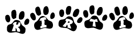 The image shows a series of animal paw prints arranged in a horizontal line. Each paw print contains a letter, and together they spell out the word Kirti.
