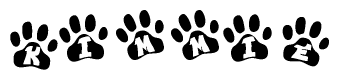 The image shows a series of animal paw prints arranged horizontally. Within each paw print, there's a letter; together they spell Kimmie