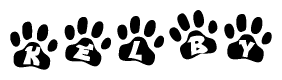 The image shows a series of animal paw prints arranged in a horizontal line. Each paw print contains a letter, and together they spell out the word Kelby.