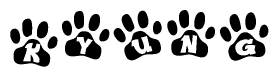 The image shows a series of animal paw prints arranged horizontally. Within each paw print, there's a letter; together they spell Kyung