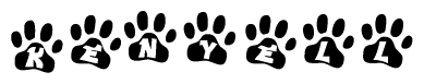The image shows a row of animal paw prints, each containing a letter. The letters spell out the word Kenyell within the paw prints.