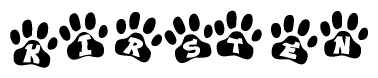 The image shows a series of animal paw prints arranged horizontally. Within each paw print, there's a letter; together they spell Kirsten