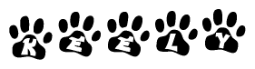 The image shows a series of animal paw prints arranged in a horizontal line. Each paw print contains a letter, and together they spell out the word Keely.
