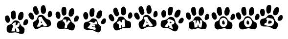 The image shows a row of animal paw prints, each containing a letter. The letters spell out the word Kayeharwood within the paw prints.